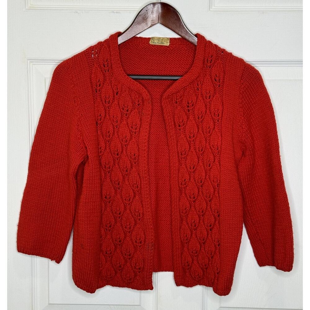 Vintage Red Hand Knit Wool Cardigan Open Front Womens Size Small - Medium